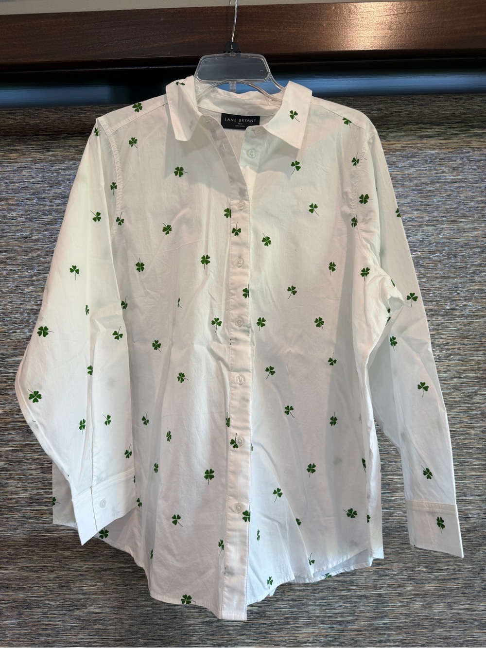 Lane Bryant White Button-Down Shirt with Green Clover Motif 14/16